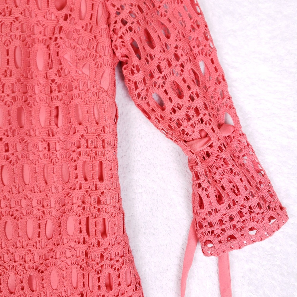 Madison Leigh Lace Sheath Dress Womens 8 Coral Pink Bell Sleeve Wedding Guest - Picture 3 of 10